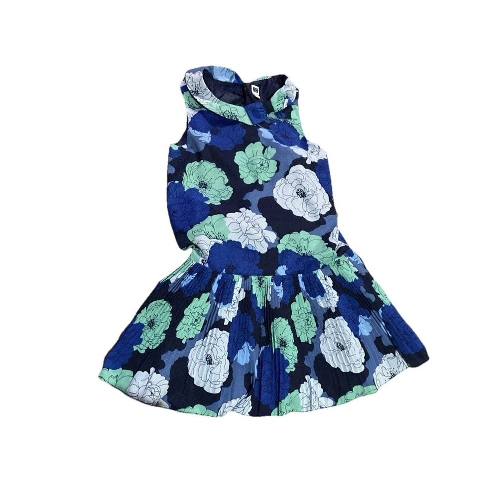Janie and Jack Blue Floral Dress Pleated Skirt Bow At Neck Lined Girls Sz 8 EUC